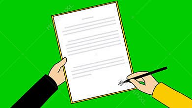 Animated contract signing. Man`s hand signs a document with a pen. Concept of agreement, deal, contract, application, signature.