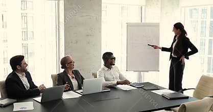 Business coach makes presentation on flip chart to multiethnic partners