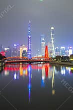 Shanghai skyline and Waibaidu Bridge night, China