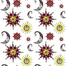 Christmas watercolor seamless pattern with hand draw sun, star, moon, New Year decor