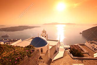 Santorini Church in Fira against sunset,Greece