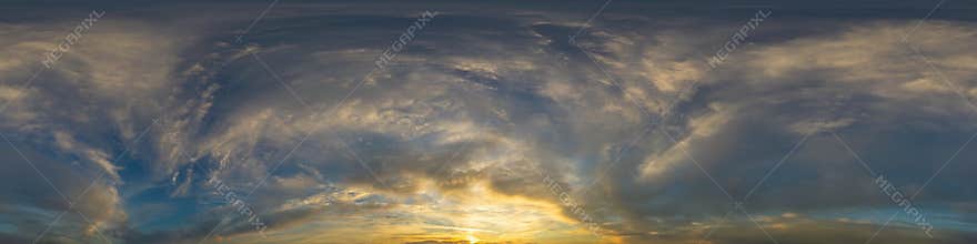 Dramatic sunset sky panorama with Cumulus clouds. Seamless hdr 360 pano in spherical equirectangular format. Complete