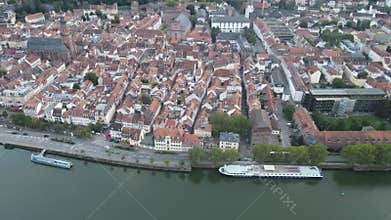 Aerial flying over Neckar river in Heidelberg Baden Wurttemberg Germany