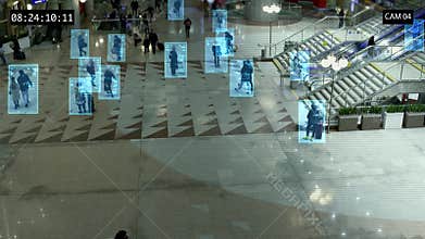 Facial recognition technology scan and detect people face for identification in crowded places. IOT CCTV, security