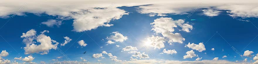 Blue sky panorama with puffy Cumulus clouds. Seamless hdr pano in spherical equirectangular format. Sky dome or zenith