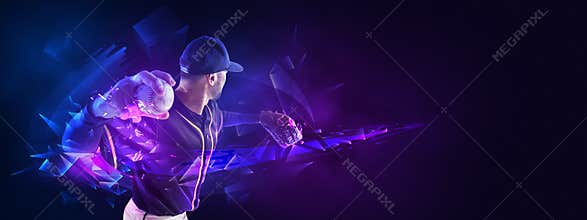 Artwork, poster or flyer. One professional baseball player in motion and action with bat isolated on dark background
