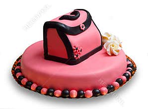 Birthday cake with pink frosting,decorated handbag