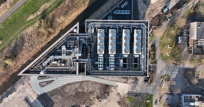 Data center telecommunication structure building aerial drone view. Digital computing storage database information