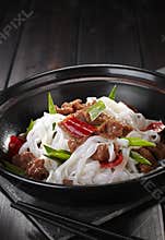 Delicious Chinese food, beef rice noodles pot