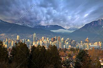 Vancouver BC City Skyline with Mountains