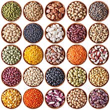 Collection of wooden bowls with legumes