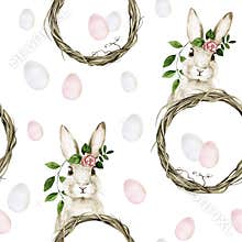 Watercolor seamless pattern on the theme of Easter, spring. cute easter bunny with flowers. Easter eggs, wreath on a white backgro
