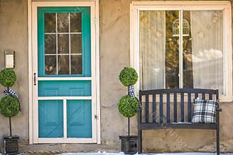 Teal Door  Black Bench  Trees  Buffalo Check