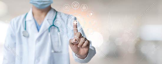 Medical tech science, innovative iot global healthcare ai technology with doctor on telehealth, telemedicine service analyzing