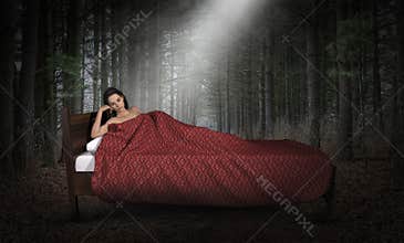 Surreal Woman, Bed, Woods, Alone