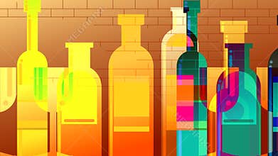 Abstract animation with painted wine bottles and glasses