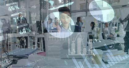 Digital composition of financial data processing against business people working in office