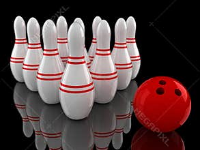 Bowling pins and ball with ground reflection