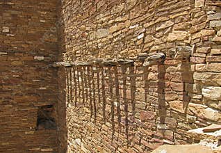 Wooden timbers in an ancient stone wall in the ruins of Pueblo Bonito at Chaco Culture National Historical Park, New Mexico.