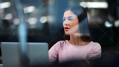 Focused business woman work use laptop pc at public cafeteria. Medium close up shot on 4k RED camera