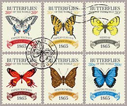 Set of retro postage stamps with butterflies