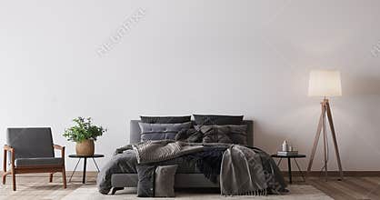Comfortable bedroom with empty wall mockup design, dark bed on white wall background