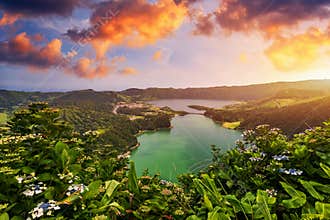 Beautiful view of Seven Cities Lake \"Lagoa das Sete Cidades\" from Vista do Rei viewpoint in SÃ£o Miguel Island, Azores, Portugal