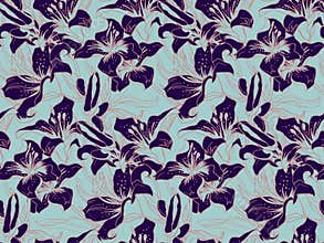 Exotic Black Wild Lily Flower, Buds and Leaves floral Seamless Pattern.