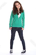 Teenager girl in jeans and hoodie with big smile