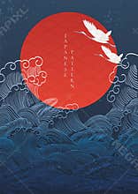 Japanese background with crane birds decoration vector. Hand drawn wave with red circle shape elements in oriental style