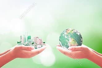 City And Planet Earth In Human Hands Sustainable Future Concept