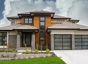 New Canadian Home House Exterior Dramatic Cloudy Cumulus Sky Background