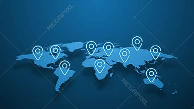 World map with highlighted locations. Global trade and interconnected countries. Neon animated markers on the map