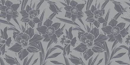 Closeup gray daffodil hand drawn seamless pattern on grey background.
