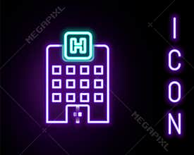 Glowing neon line Medical hospital building with cross icon isolated on black background. Medical center. Health care
