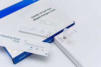 St Albans, Hertfordshire/England - 5 May 2021 - NHS provide coronavirus lateral flow or Rapid Antigen Test kits for people to self