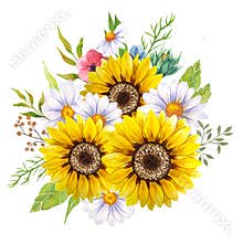 Watercolor wildlowers bouquet, hand painted sunflower bouquets, sunfower flower arrangement. Wedding invitation clipart elements.