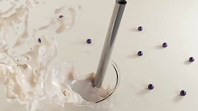 Glass of bubble milk tea, milkshake or chocolate cocktail with straws top view. Cup cold coffee on almond milk with