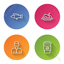 Set line Fish, Healthy food, Positive thinking and Coffee cup to go. Color circle button. Vector