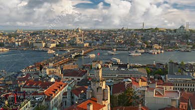 Sunset view of Istanbul from Galata tower. Many