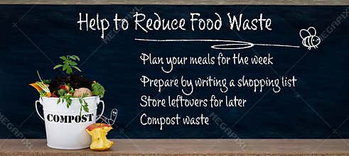 Help to reduce food waste text, ways to reduced food waste on chalkboard