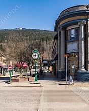 REVELSTOKE, CANADA - MARCH 17, 2021: street view of small town with historic buildings spring day