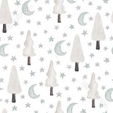 Hand drawn watercolor seamless pattern of cute Christmas tree, star, moon. Happy New Year and Christmas clipart illustration for