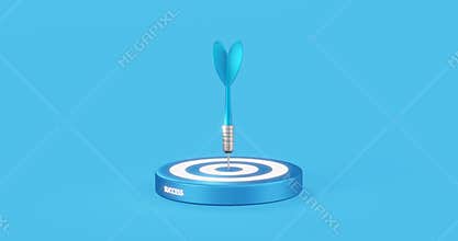 Blue arrow aim to dartboard target or goal of success on business background with complete achievement concept. 3D rendering.