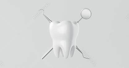 Dental equipment and white tooth on dentist clinic background with dentistry cleaning tools. 3D rendering.