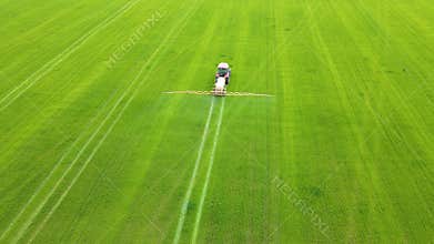 Aerial drone shot of a farmer spraying wheat crops fields at sunset using chemicals fertilizer