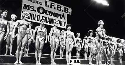 Pro Female Bodybuilders Line Up at 1984 Ms Olympia Contest in Montreal