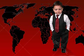 Adorable Toddler Boy In Suit Standing On The World