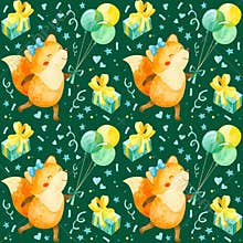 Seamless pattern with happy fox cub with balloons, gifts and other birthday elements. Cute watercolor clipart