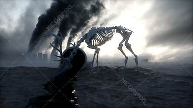 Ecology pollution concept. Dirty dark atmosphere. Deer skeleton. Ecological problem. Factory smoke.